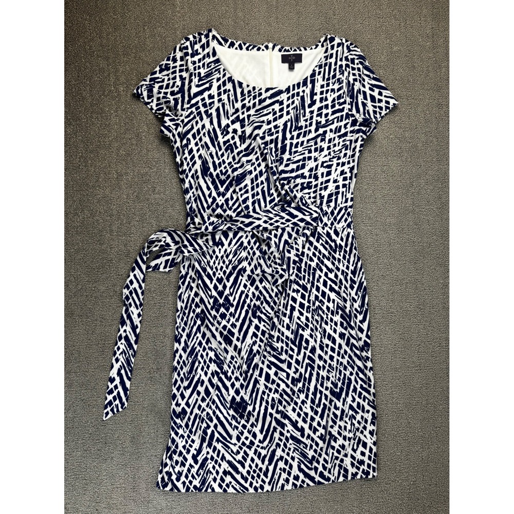NYDJ Womens Navy Blue White Abstract Print Faux Wrap Tie Waist Sheath Dress 6